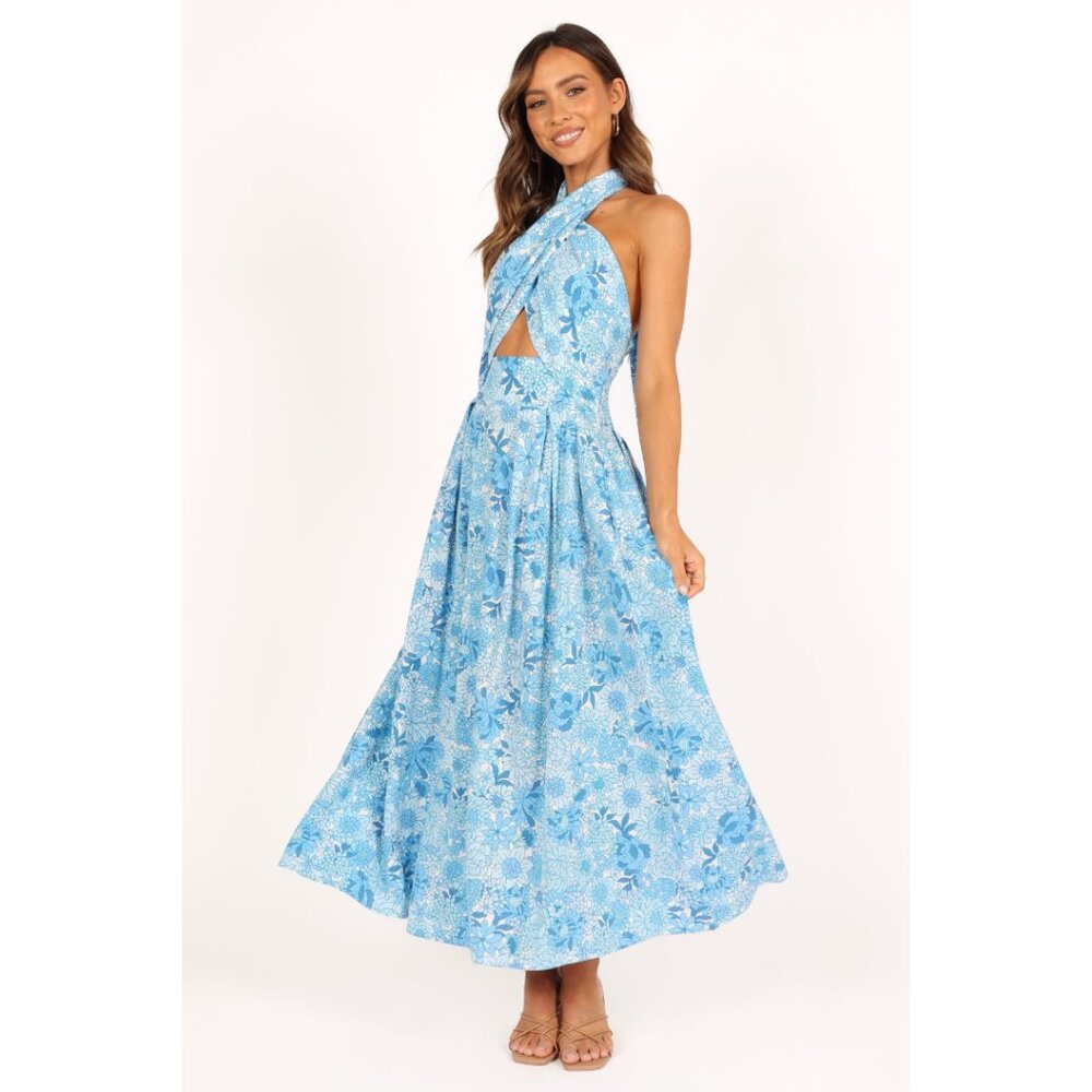 Petal and Pup Clover Cotton Blend Halter Maxi Dress | Blue Floral | Medium M